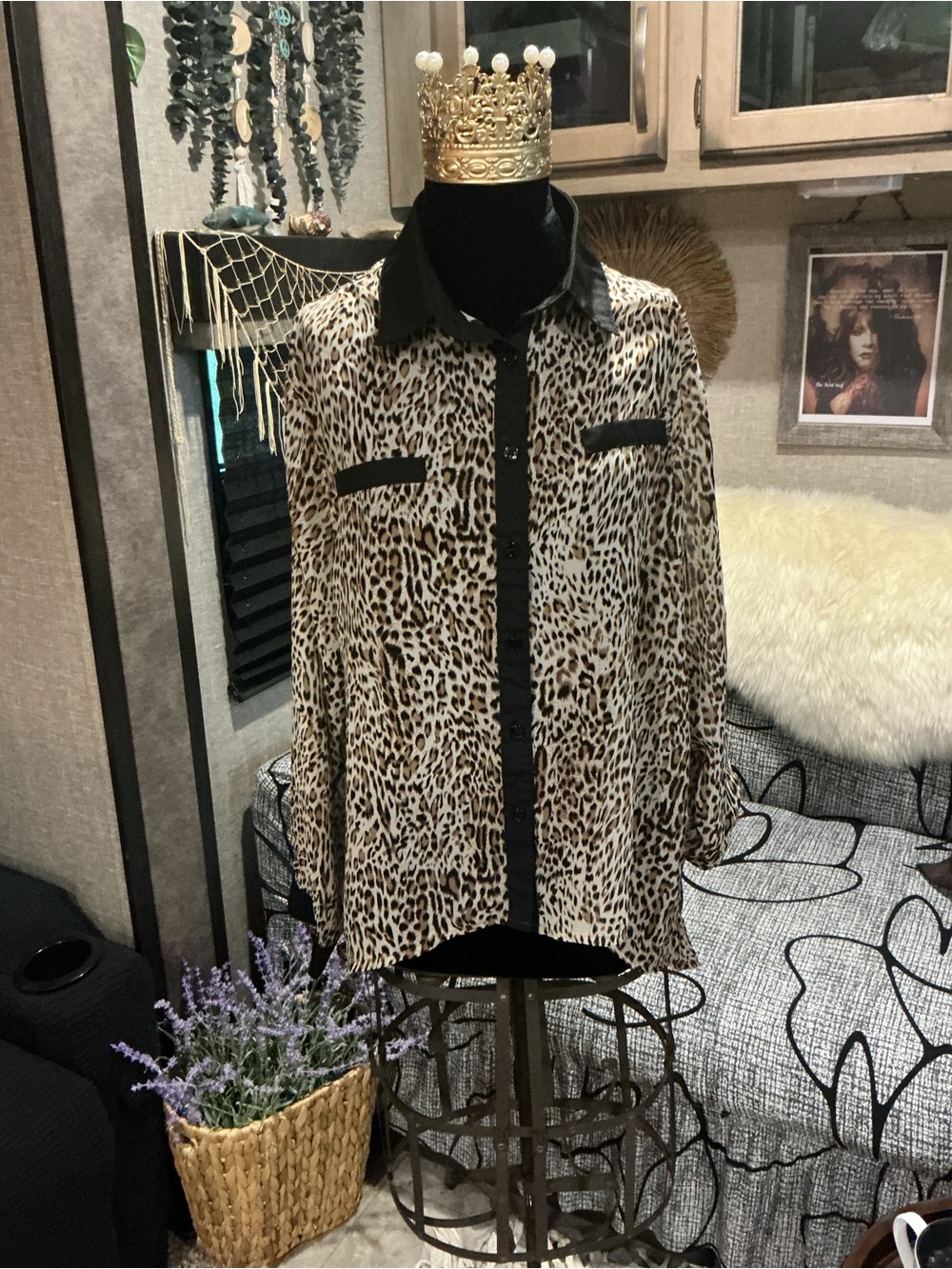 Pippa Lynn Leopard Print Button-Up Blouse with Black Trim